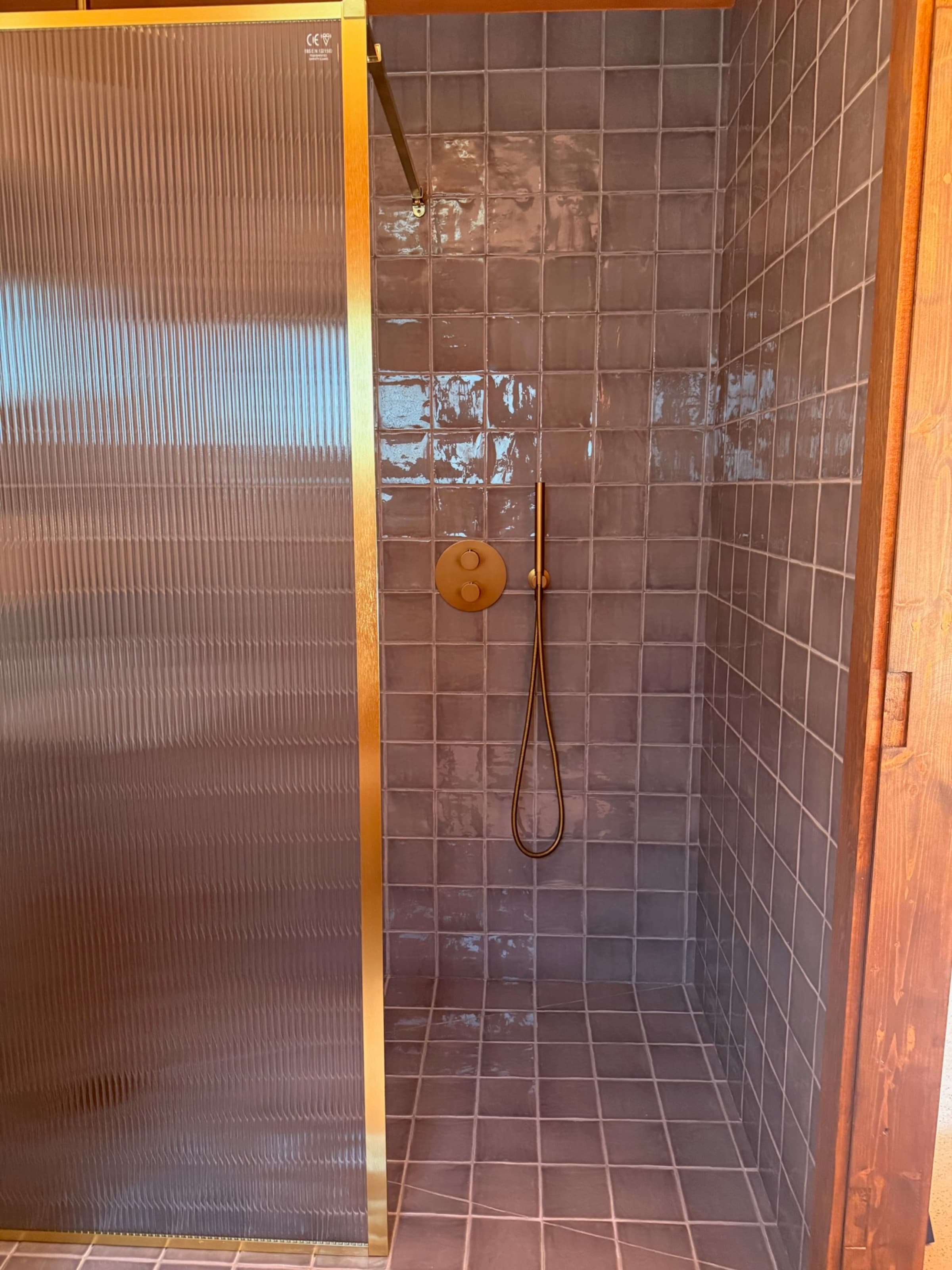 Shower, dark tile, brass fittings, ribbed glass door
