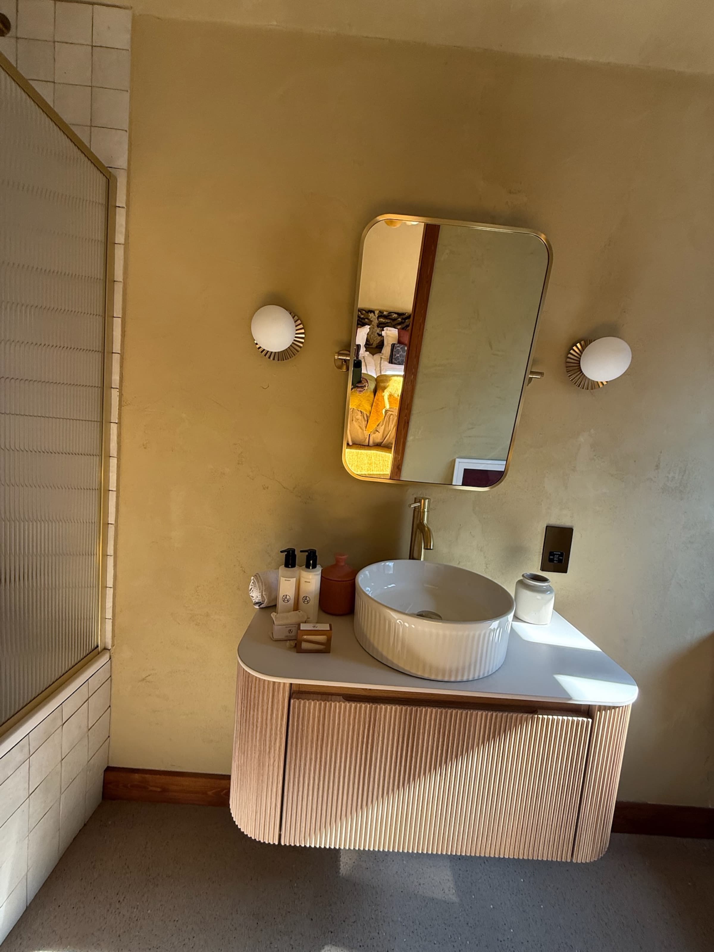 Bedroom Three ensuite, vessel sink, brass tap, mineral render
