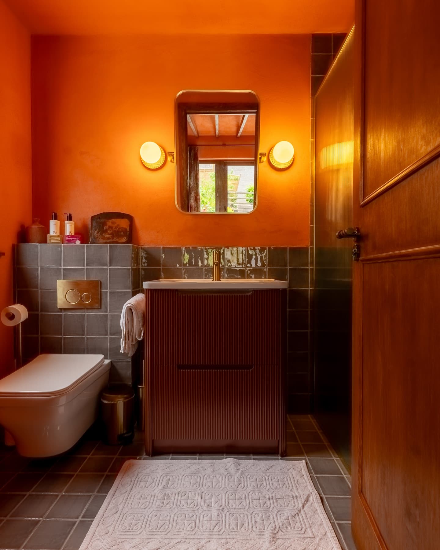 Ensuite bathroom, walnut vanity, sage tilework
