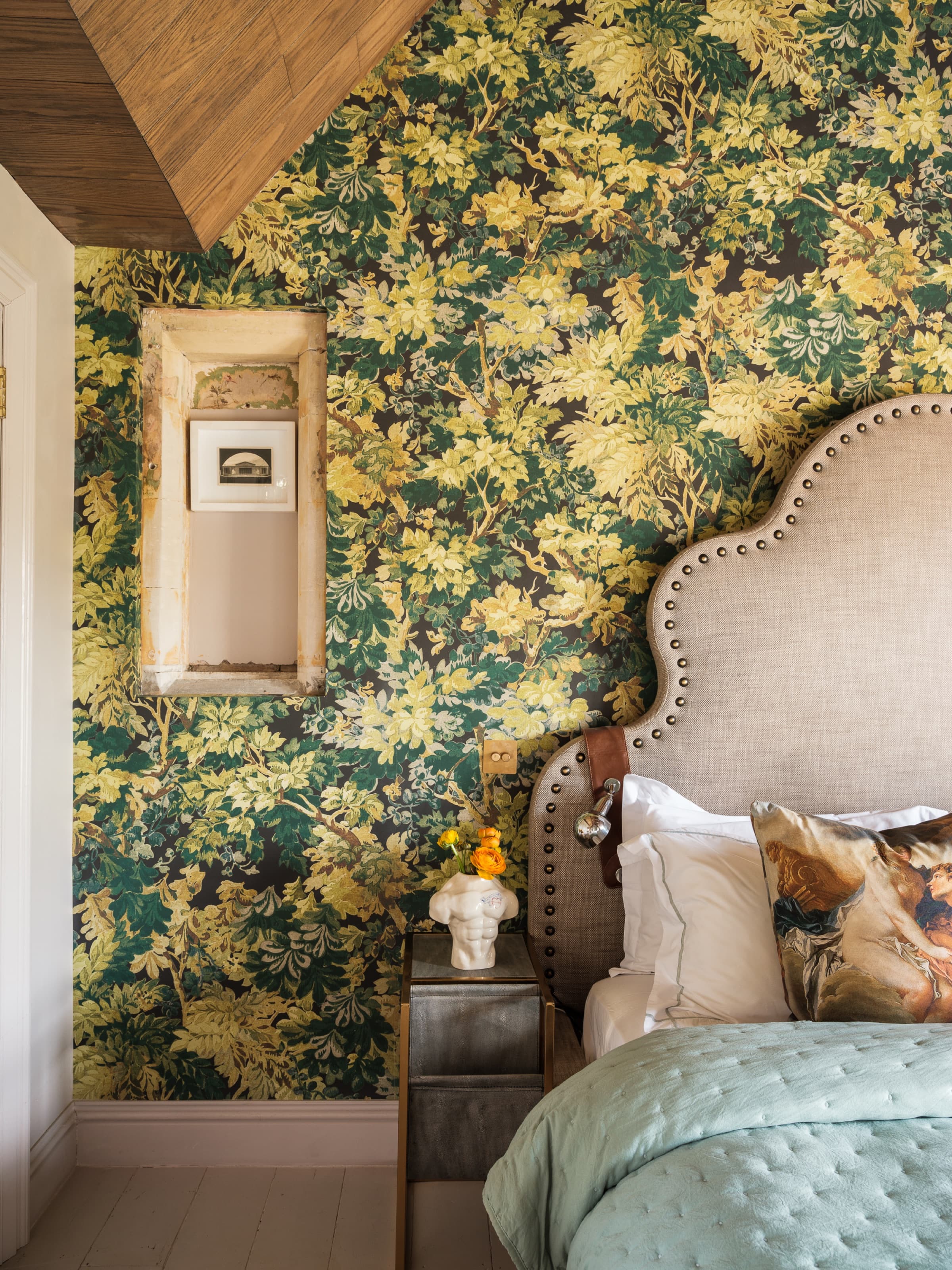The loft bedroom, botanical wallpaper